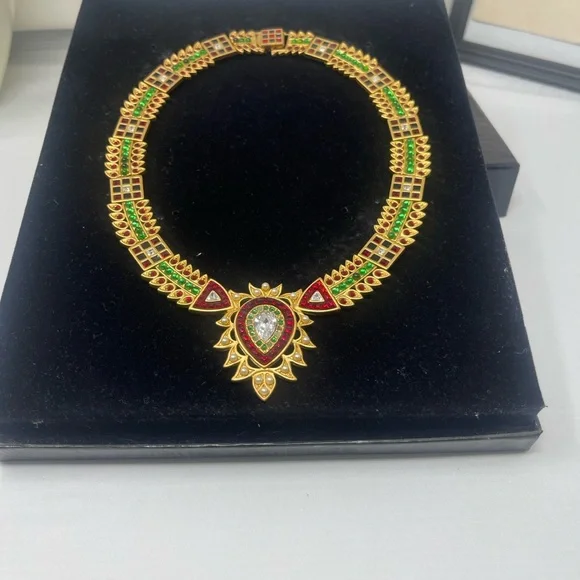 Franklin Mint Gold and Green Necklace with Red Accents - Picture 1 of 12